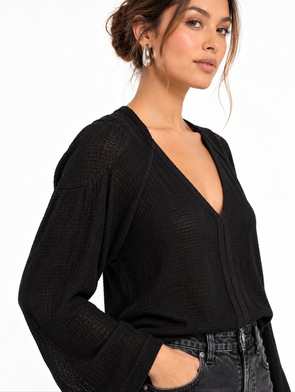 Anthropologie Black Textured V Neck Sculpted Shoulder Top Size L